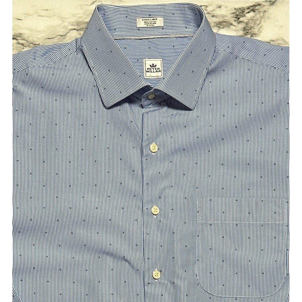 Peter Millar Men's Golf Shirt Size XL Blue White Striped & Blue Dots Long Sleeve